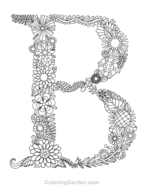 Floral Letter "b" Adult Coloring Page
