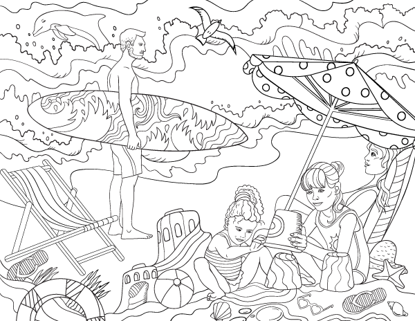 Day at the Beach Adult Coloring Page