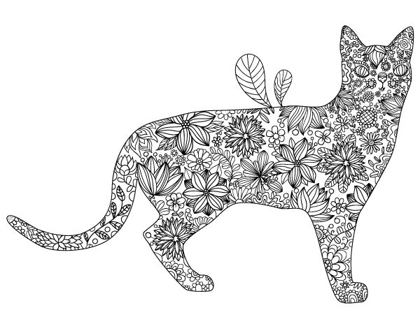 Floral Cat Adult Coloring Page