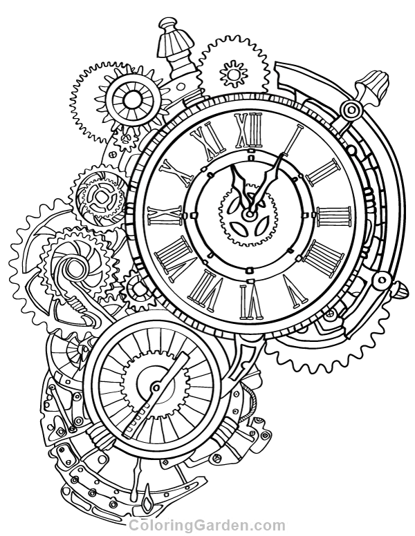 Steampunk Clock Adult Coloring Page