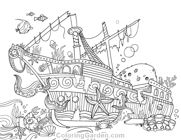 Sunken Ship Adult Coloring Page