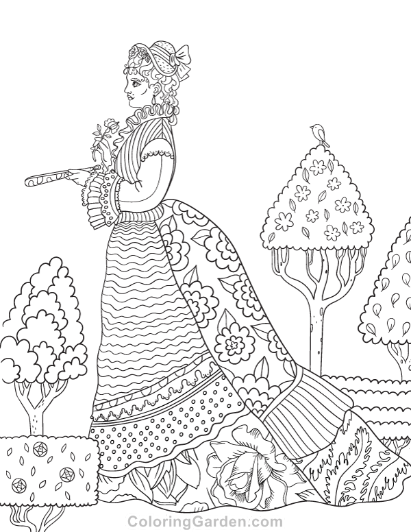 Lady and Castle Coloring page for adults Victorian lady Grey scale Coloring for adults PDF download and print